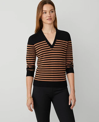 Ann Taylor Stripe V-Neck Sweater Black/Sahara Combo Women's