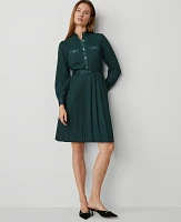 Ann Taylor Petite Pleated Split Neck Flare Dress Size 8 Deep Slate Green Women's