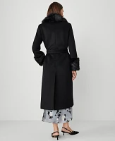 Ann Taylor Faux-Fur-Trim Belted Coat Black Women's