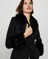 Ann Taylor Faux-Fur-Trim Belted Coat Black Women's