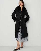 Ann Taylor Faux-Fur-Trim Belted Coat Black Women's