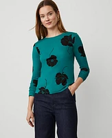 Ann Taylor Floral Crew Neck Long Sleeve Top Green Marais Women's