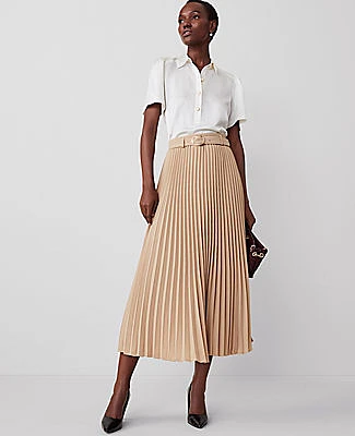 Ann Taylor Petite Belted Pleated Midi Skirt