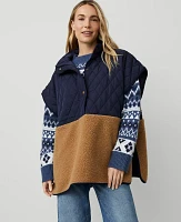 Ann Taylor Quilted Sherpa Button Front Poncho Pure Sapphire Women's