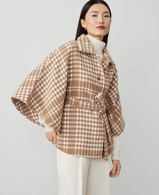 Ann Taylor Plaid Tie Waist Button-Up Poncho Perfect Camel Women's