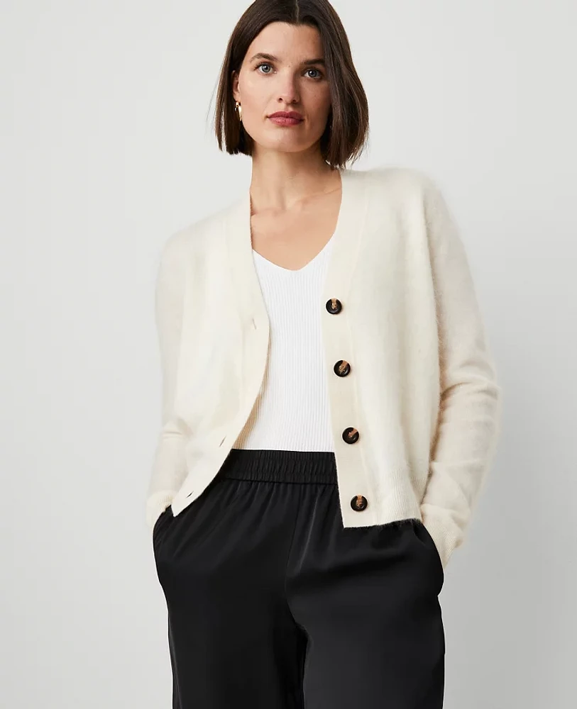 Ann Taylor Brushed-Cashmere Boyfriend Cardigan Pale Ivory Women's