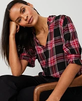 Ann Taylor Plaid Ruffle Button Top Black Women's