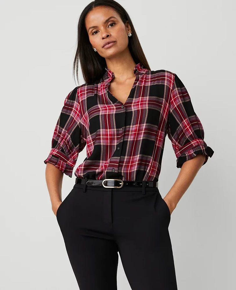 Ann Taylor Plaid Ruffle Button Top Black Women's