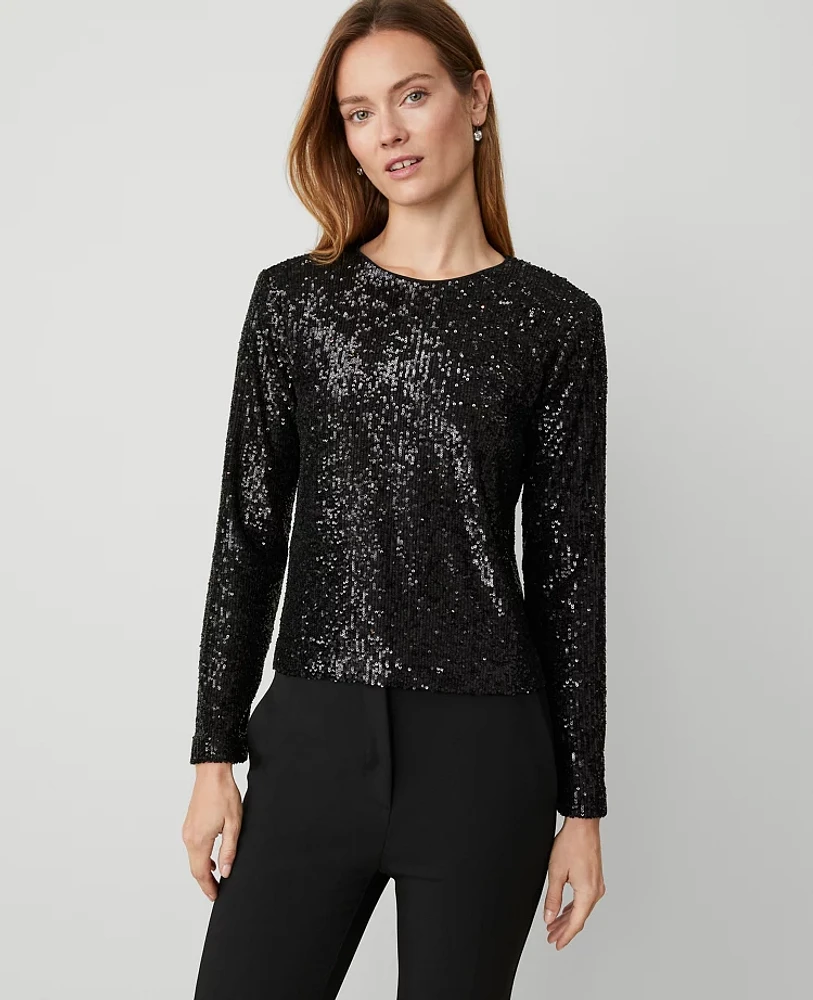 Ann Taylor Petite Sequin Popover Top Black Women's