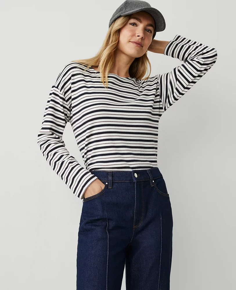 Ann Taylor Petite Stripe Relaxed Long Sleeve Top Night Sky Women's