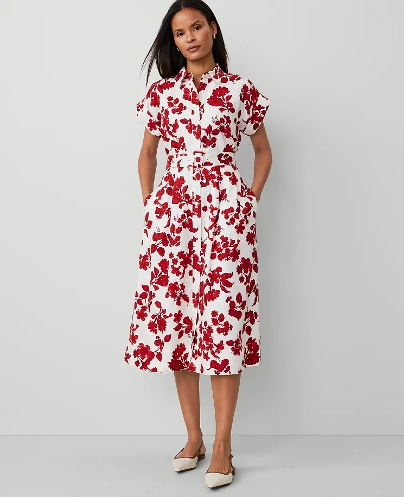 Ann Taylor Tropical Collared Midi Flare Dress Bright Cherry B Women's