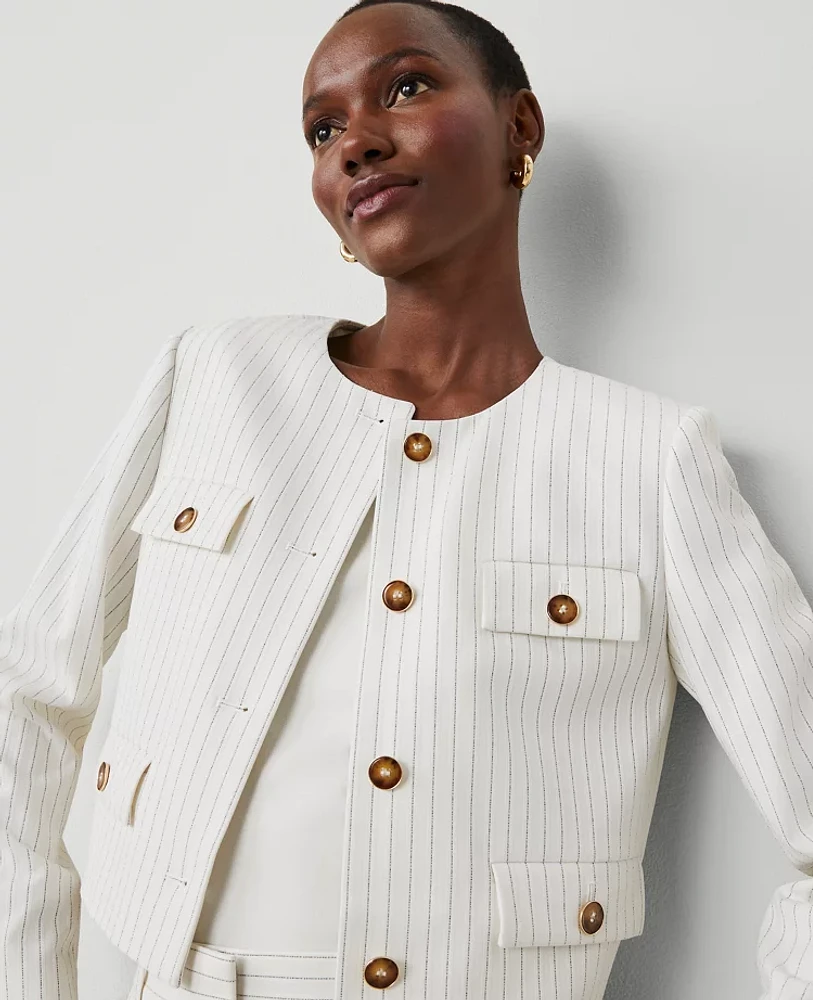 Ann Taylor Pinstripe Crew Neck Jacket Dusty Ivory Melange Women's