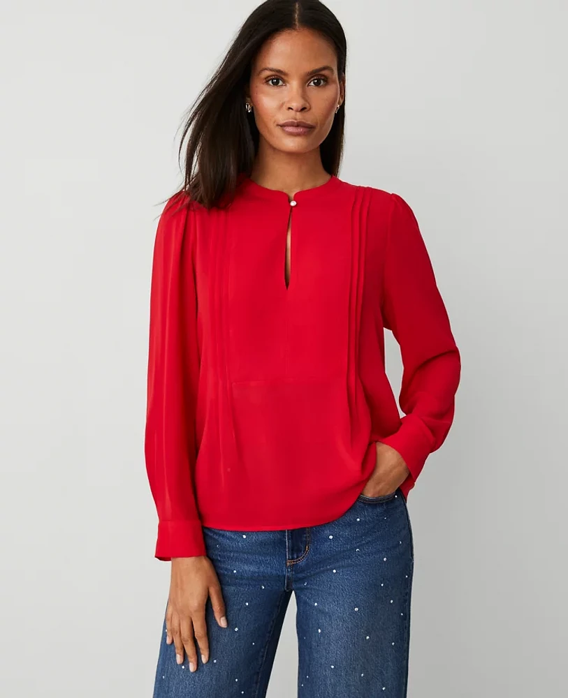 Ann Taylor Petite Mixed Media Bib Front Top Iconic Red Women's