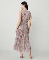 Ann Taylor Floral Ruched Flare Dress Orchid Glow Women's