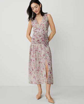 Ann Taylor Floral Ruched Flare Dress Orchid Glow Women's