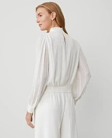 Ann Taylor Petite Metallic Stripe Shirred Banded Hem Popover Top Winter White Women's