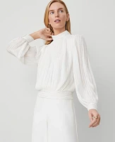 Ann Taylor Petite Metallic Stripe Shirred Banded Hem Popover Top Winter White Women's