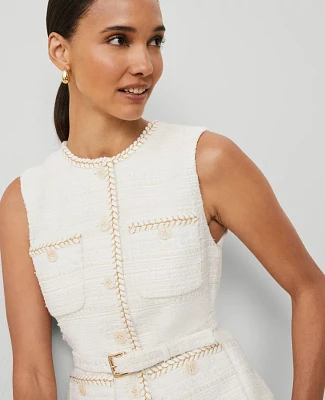 Ann Taylor Tweed Belted Vest Ivory Texture Women's