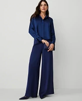 Ann Taylor The Petite Dramatic Wide-Leg Satin Pant Dark Deep Ocean Women's