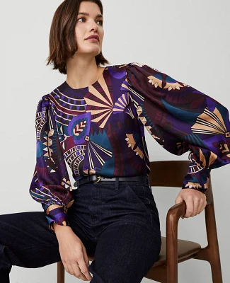 Ann Taylor Petite Botanical Puff Sleeve Blouse Plum Burst Women's