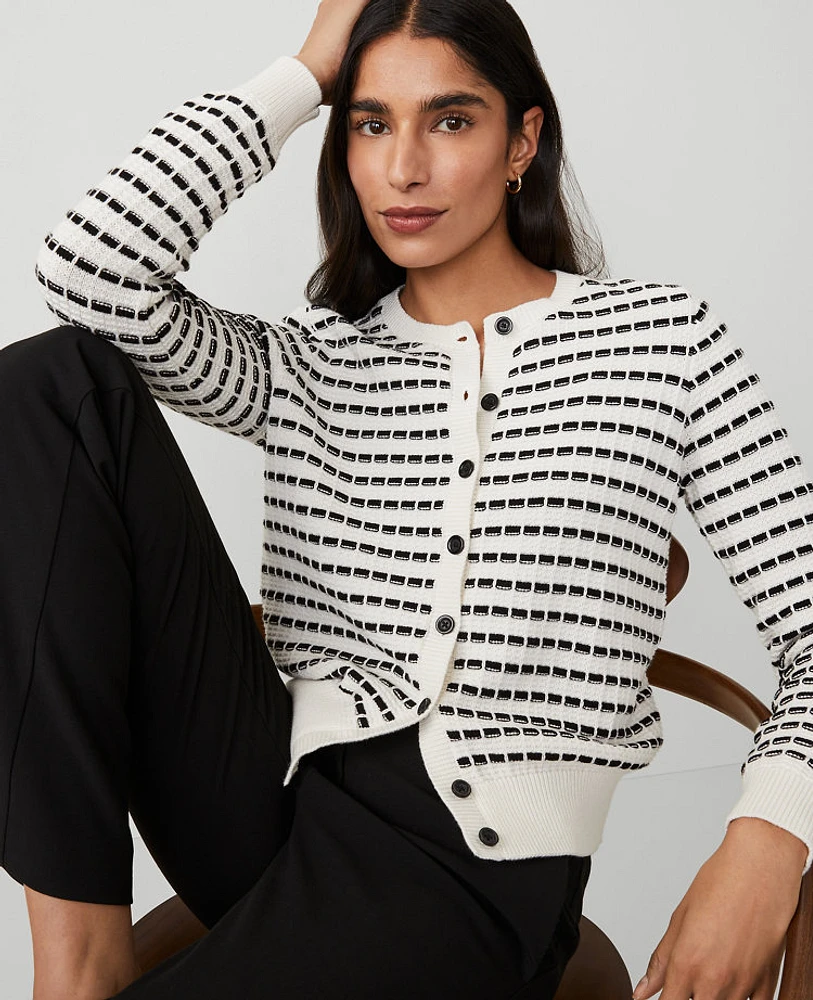 Ann Taylor Striped Textured Cardigan White/Black Multi Women's