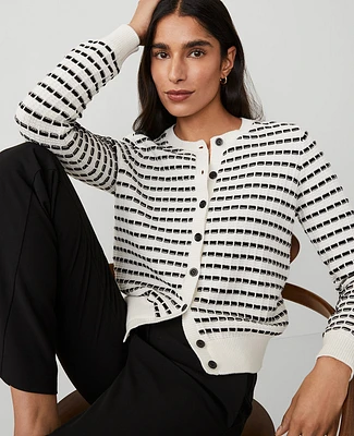 Ann Taylor Striped Textured Cardigan White/Black Multi Women's