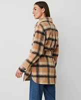 Ann Taylor Petite Plaid Belted Shacket Cafe Au Lait Women's