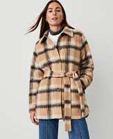 Ann Taylor Petite Plaid Belted Shacket Cafe Au Lait Women's