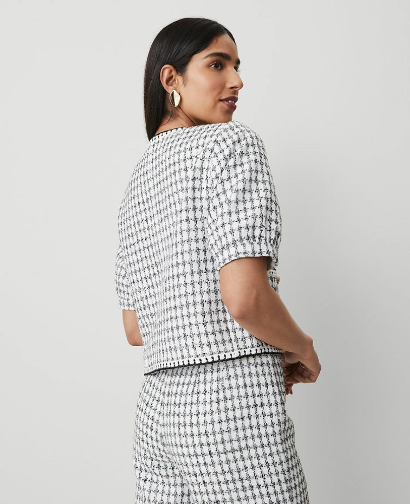 Ann Taylor Gingham Tweed Puff Sleeve Jacket Size 14 White/Black Multi Women's