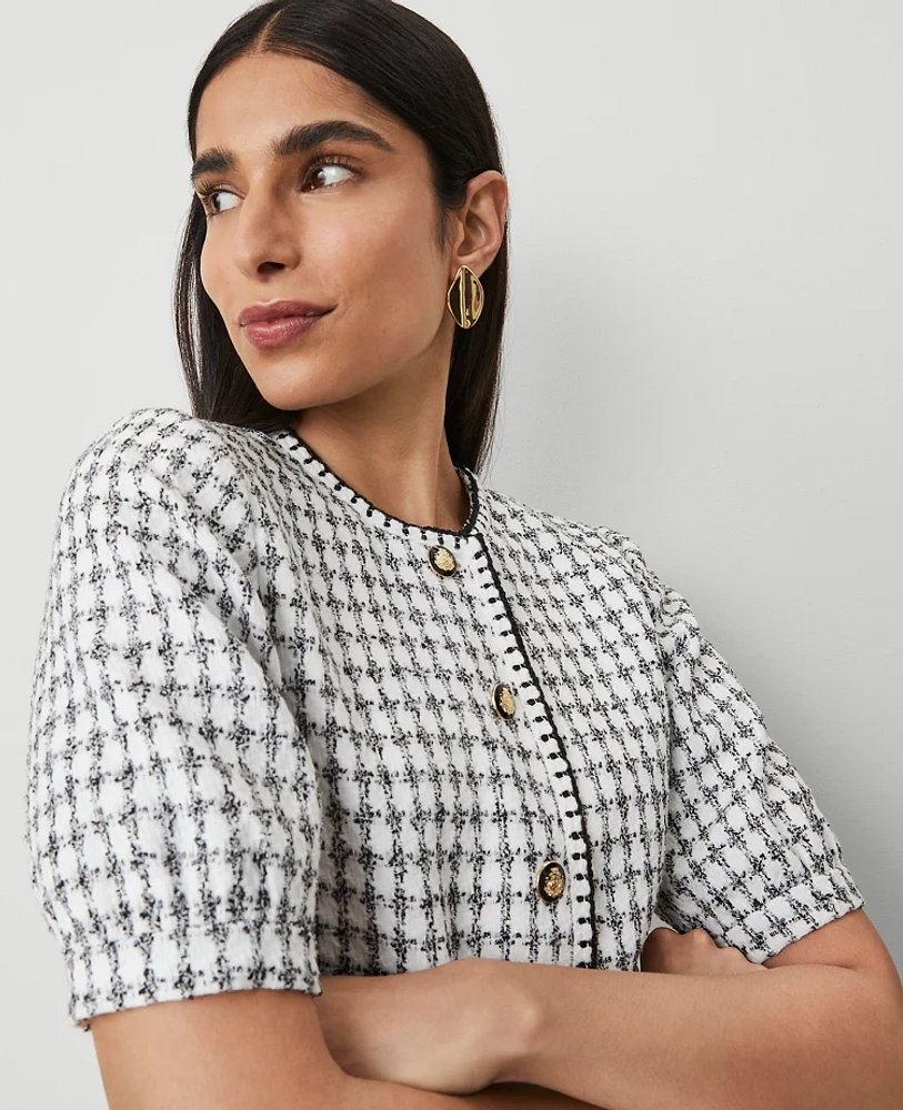 Ann Taylor Gingham Tweed Puff Sleeve Jacket Size 14 White/Black Multi Women's