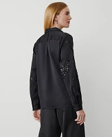 Ann Taylor Floral-Embellished Collared Shirt Black Women's