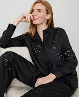 Ann Taylor Floral-Embellished Collared Shirt Black Women's