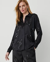 Ann Taylor Floral-Embellished Collared Shirt Black Women's