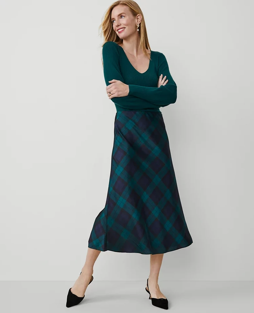 Ann Taylor Tartan Bias Midi Slip Skirt Rainforest Women's