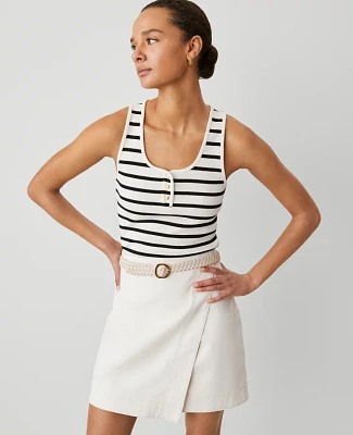 Ann Taylor Weekend Collection Striped Henley Tank Top Winter White - Black Women's