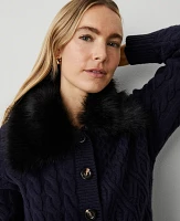 Ann Taylor Petite Faux Fur Collared Sweater Jacket Night Sky Women's