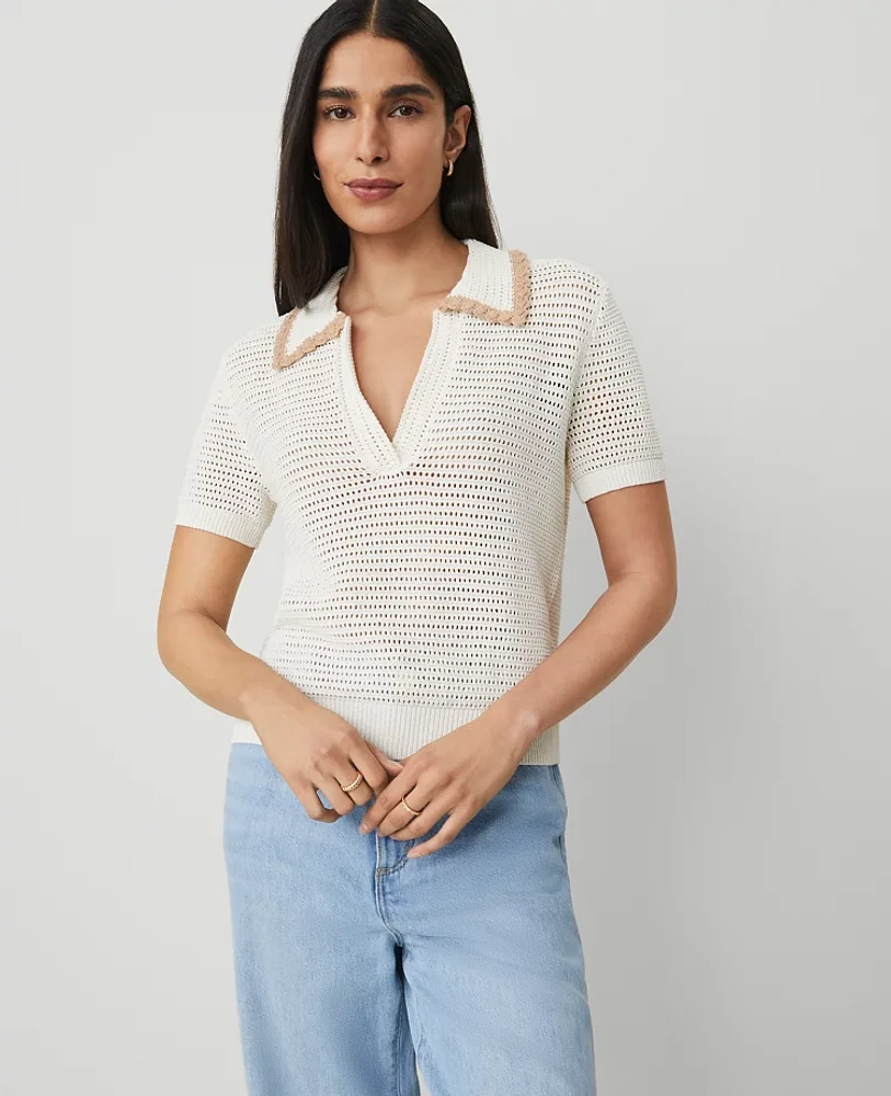 Ann Taylor Contrast Trim Crochet-Collar T-Shirt Winter White Women's