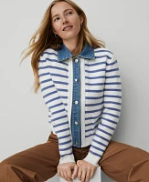 Ann Taylor Striped Denim Sweater Jacket Light Blue/White Combo Women's