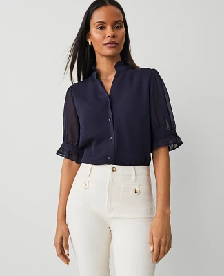 Ann Taylor Crinkle Ruffle Collar Shirt Night Sky Women's