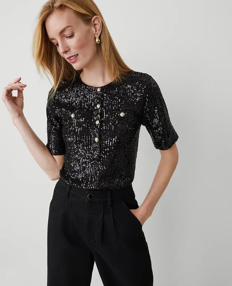 Ann Taylor Sequin Henley Size XS Black Women's