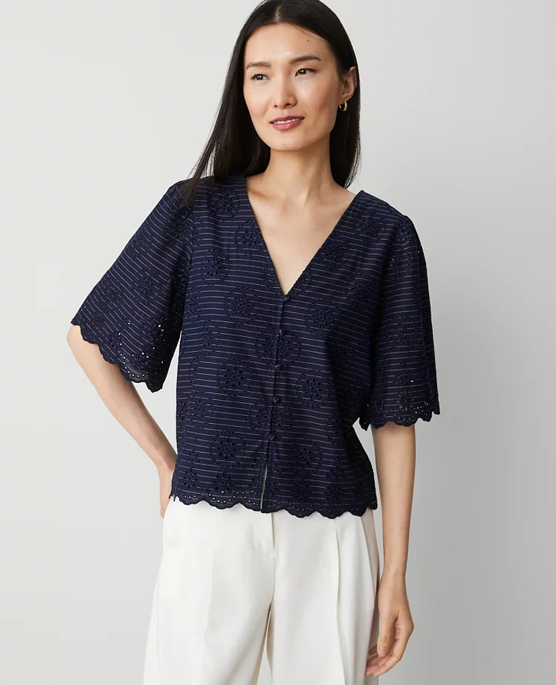 Ann Taylor Eyelet Puff Sleeve Blouse Night Sky Women's