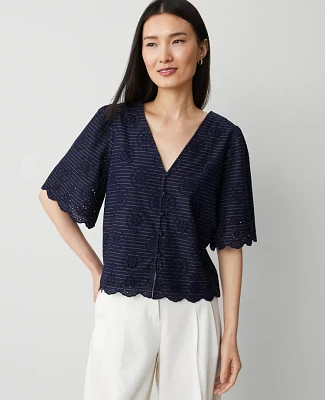 Ann Taylor Eyelet Puff Sleeve Blouse Night Sky Women's