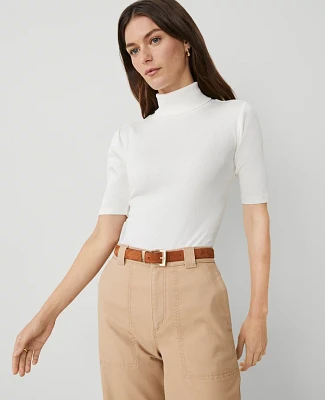 Ann Taylor Weekend Collection Ribbed Turtleneck Elbow Sleeve Top Size XS Winter White Women's