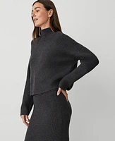 Ann Taylor Petite Ribbed Mock Neck Sweater Heathered Onyx Women's