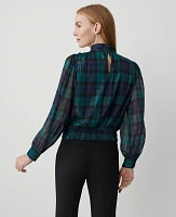 Ann Taylor Petite Tartan Shirred Mock Neck Popover Top Rainforest Women's