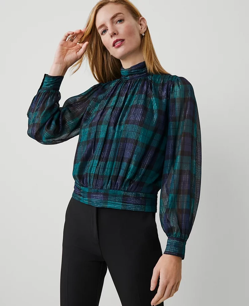 Ann Taylor Petite Tartan Shirred Mock Neck Popover Top Rainforest Women's