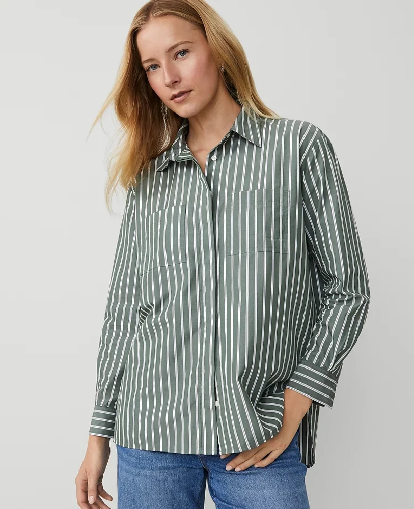 Ann Taylor Weekend Collection Striped Pocket Tunic Shirt Size XS Dried Cilantro Women's