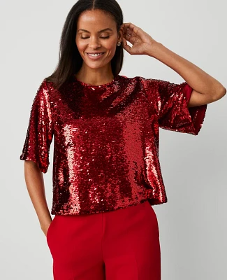 Ann Taylor Sequin Short Sleeve T-Shirt Gingham Red Women's