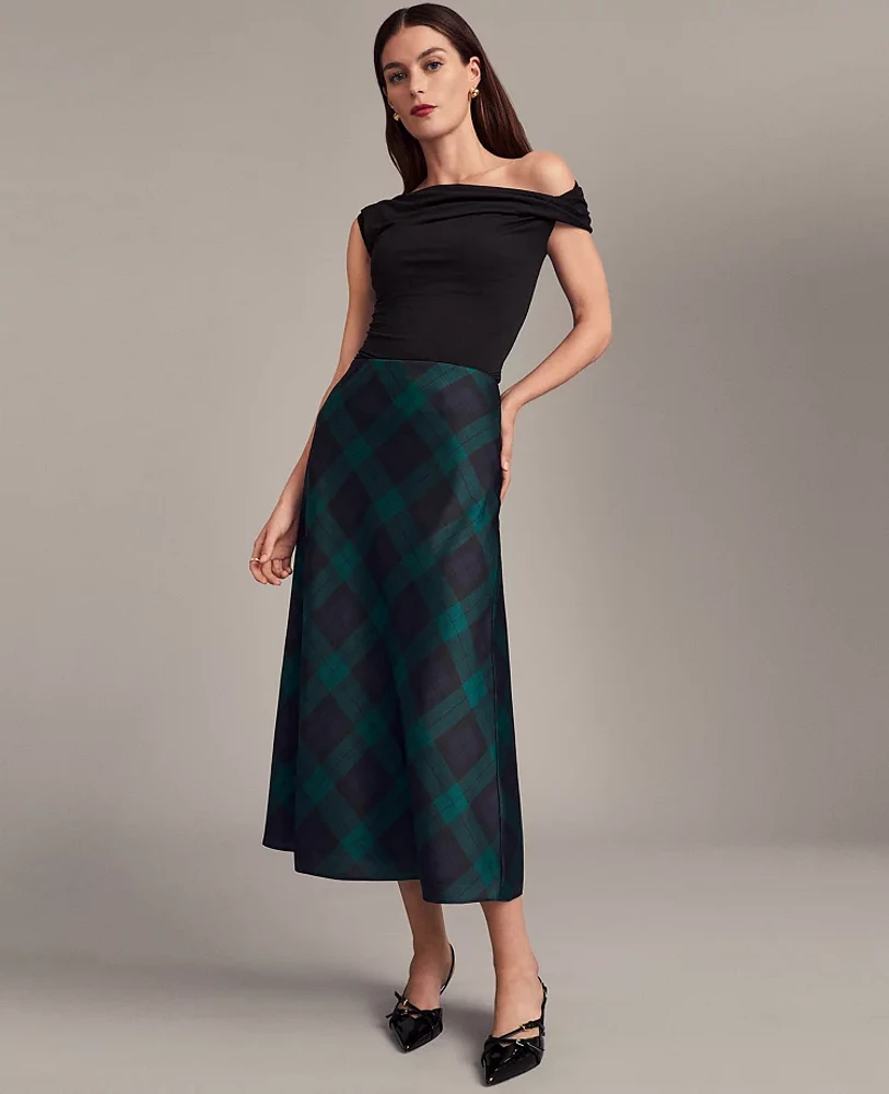 Ann Taylor Petite Tartan Bias Midi Slip Skirt Size 2XS Rainforest Women's