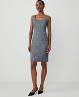 Ann Taylor The Square Neck Sheath Dress Plaid Navy/White Combo Women's